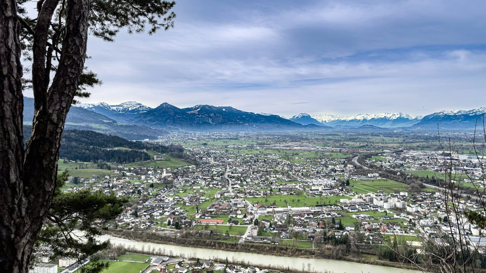 Blick über das Rheintal in Vorarlberg mit den Bergen im Hintergrund